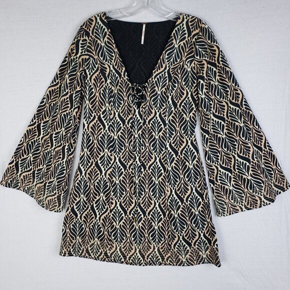 Free People Gia Shift Printed Mini Dress Bell Sleeve Lace-up 70s Bohemian size S - Picture 2 of 16